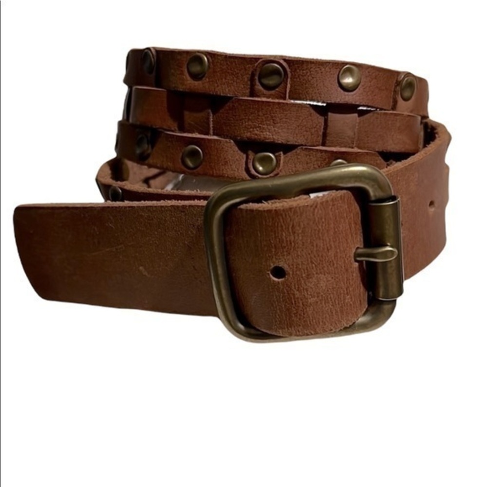 Fossil Brass & Brown Weaved Rivetted Leather Belt Like New Unisex